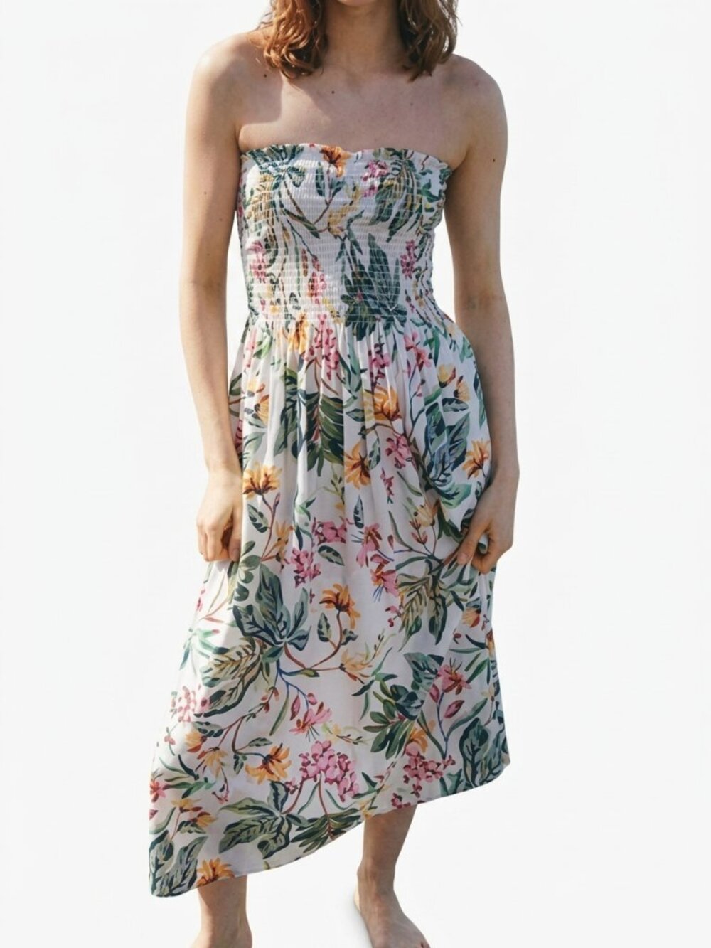 H&M Wildflower Collection Smocked Bandeau Midi Dress Size L White Floral Cotton